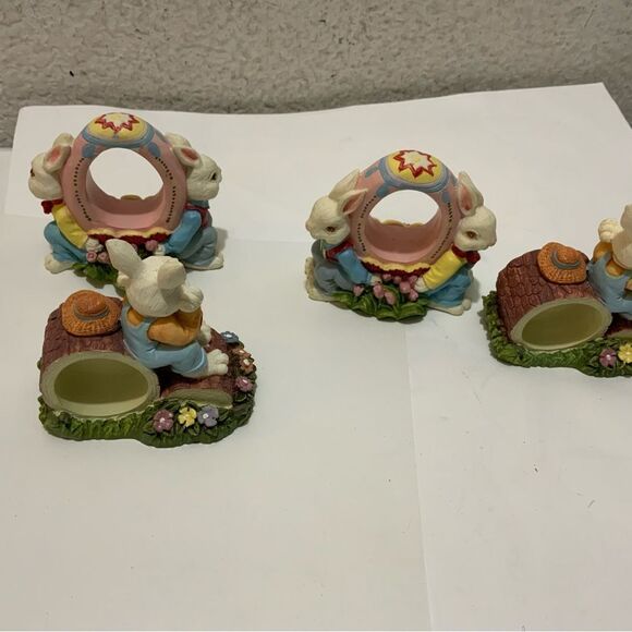Set of 4 Easter Napkin Ring Holders Bunny Rabbit Sitting on Log Spring Resin G17 - Picture 3 of 8